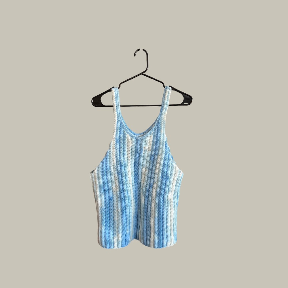 Vintage Handmade Crochet Knit Tank Top Blue White Space Dye Ribbed Camisole